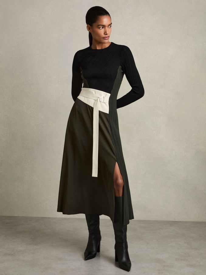 Rib-Knit Panelled Belted Midi Dress in Khaki/Black (AD9456) | US$307