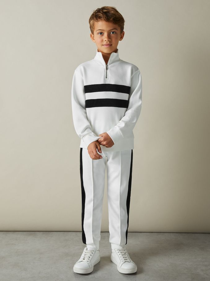 4-9 yrs Interlock Velour-Stripe Half-Zip Sweatshirt in White/Emerald Green (AD9459) | US$23