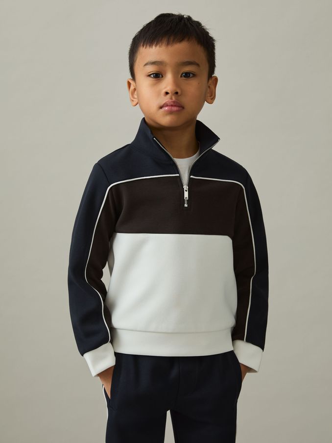 3-9 yrs Colour-Block Half-Zip Sweatshirt in Chocolate Brown/Navy/Off White (AD9460) | €55