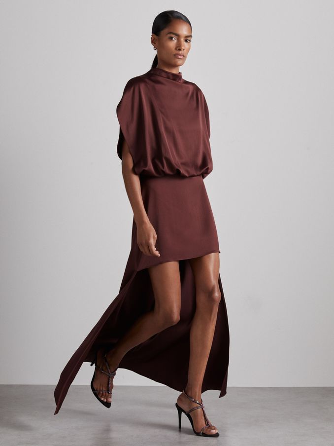 Atelier Satin Stepped-Hem Dress in Burgundy (AE5538) | US$492