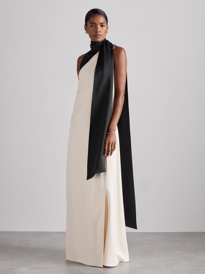Atelier Sash-Neck Satin Occasion Dress in Black/Ivory (AE5541) | €845