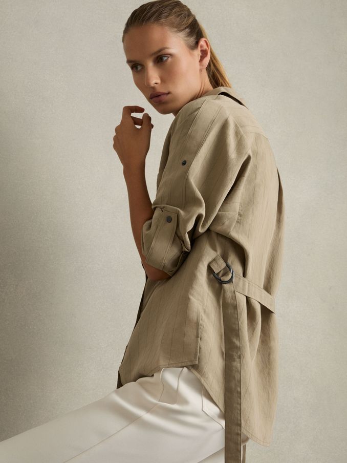 Modal-Blend Woven Pinstripe Shirt in Khaki (AE6490) | US$144