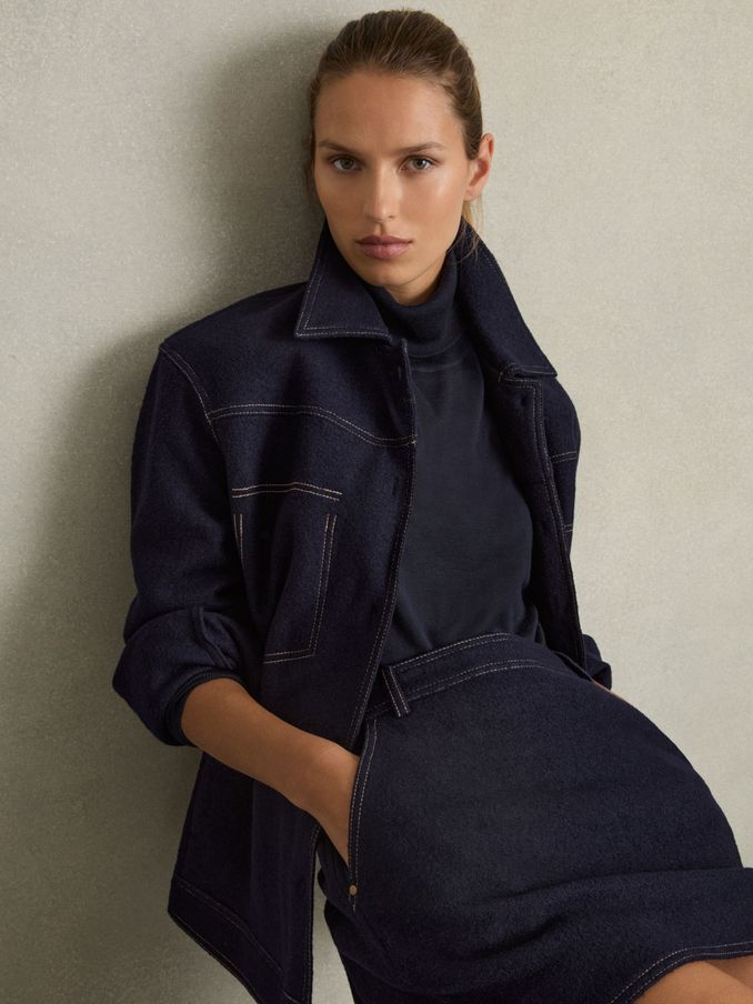 Wool-Blend Topstitch Woven Shirt in Navy (AE6493) | US$275