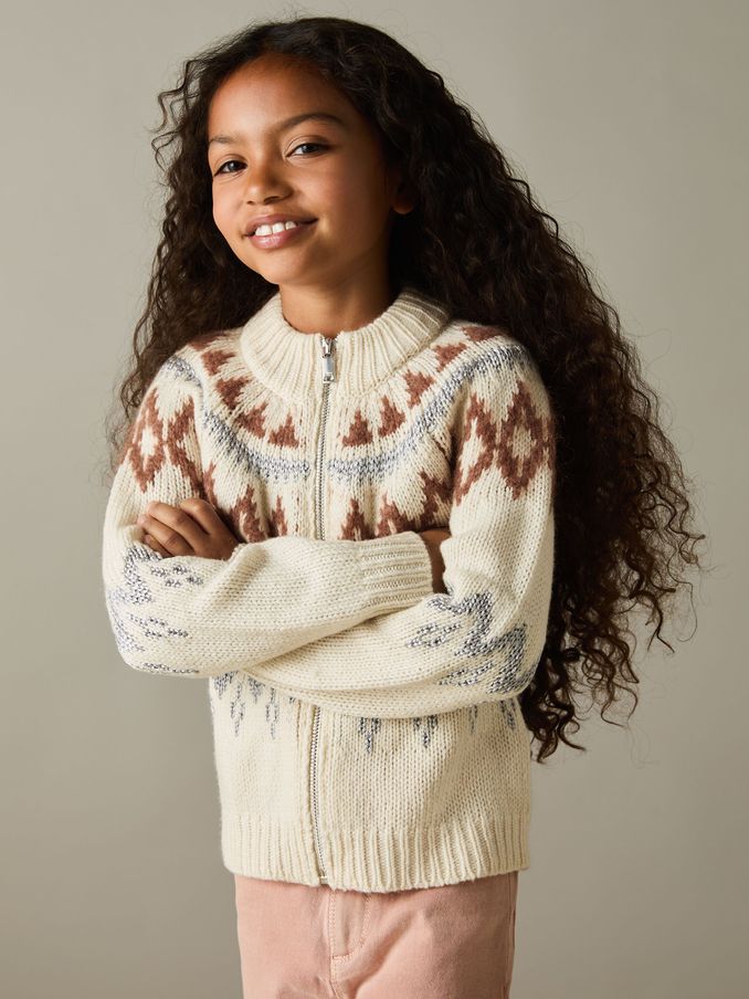 9-13 yrs Zipped Fair-Isle Cardigan with Wool and Cashmere in Cream (AE6503) | CA$47