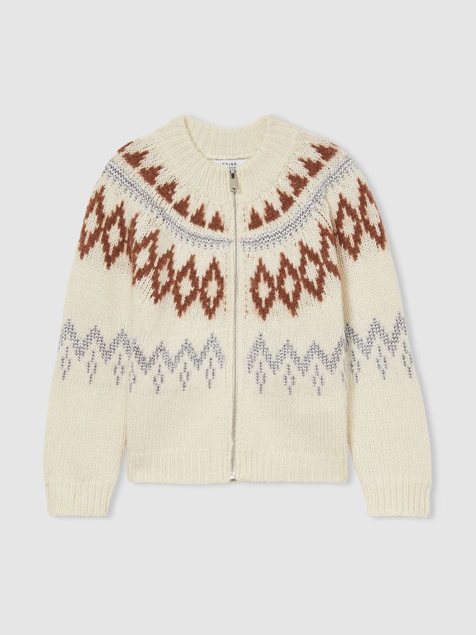 13-14 yrs Zipped Fair-Isle Cardigan with Wool and Cashmere in Cream (AE6504) | CA$49