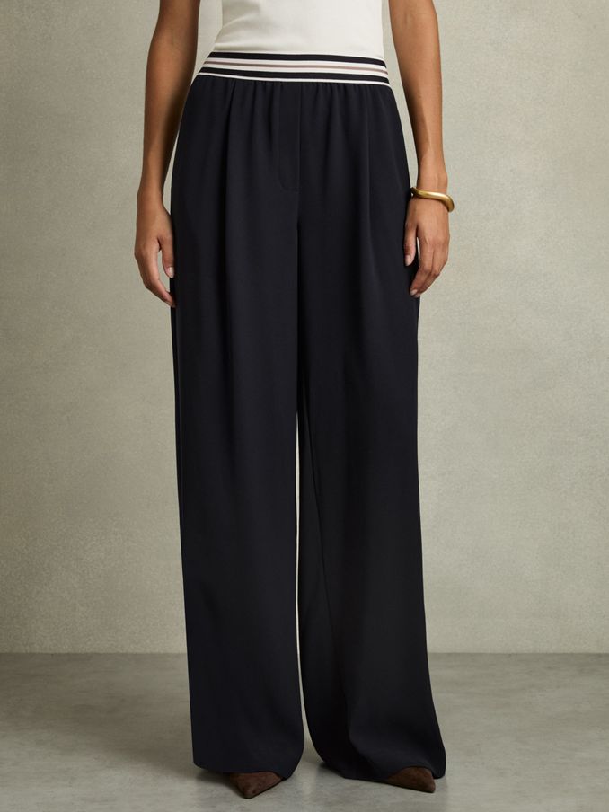 Petite Stripe-Waistband Wide-Leg Trousers in Navy (AE6509) | €220