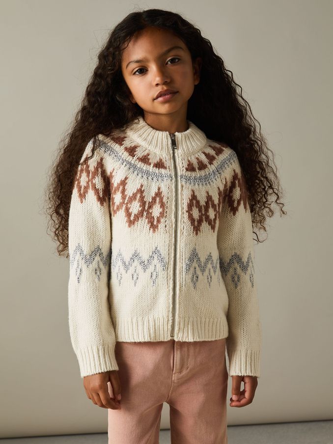 4-9 yrs Zipped Fair-Isle Cardigan with Wool and Cashmere in Cream (AE6511) | €29