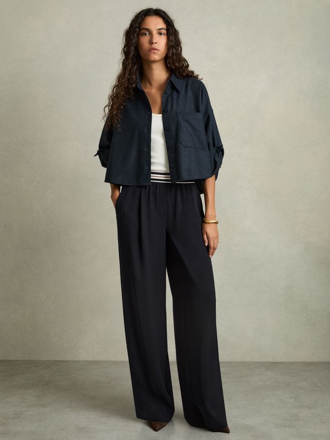 Stripe-Waistband Wide-Leg Trousers in Navy (AE6513) | €220