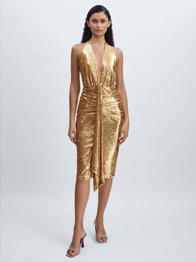 Halston Gold Sequin Halterneck Plunge Dress in Gold (AF7443) | 1,142 SAR