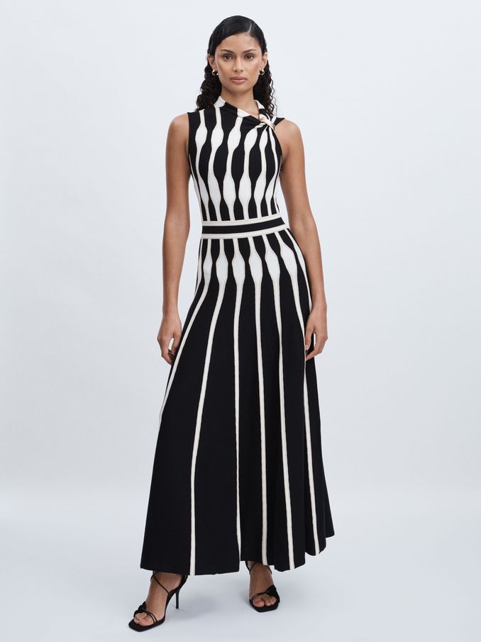 Acler Compact-Knit Patterned Midi Dress in Black/Ecru (AF7449) | US$630