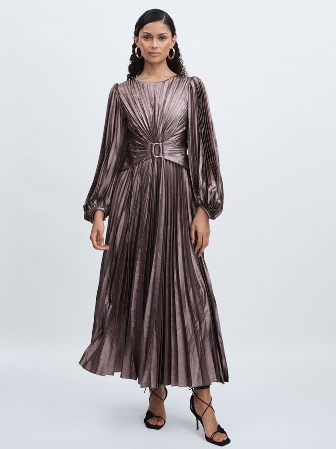 Acler Satin Pleated Midi Dress in Coffee (AF7454) | €295