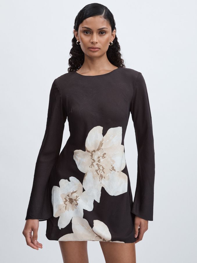 Minikleid aus Satin mit Blumenprint, Grau/mehrfarbig (AF7459) | 172 €