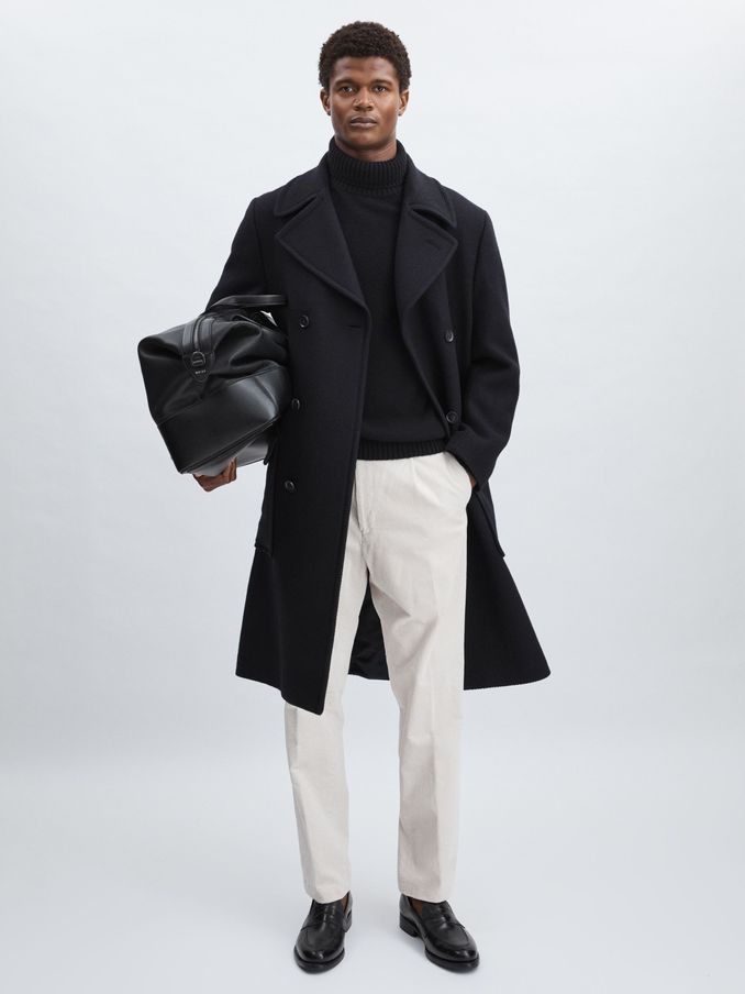Oscar Jacobson Wool Herringbone Double-Breasted Coat in Navy (AF7461) | US$660