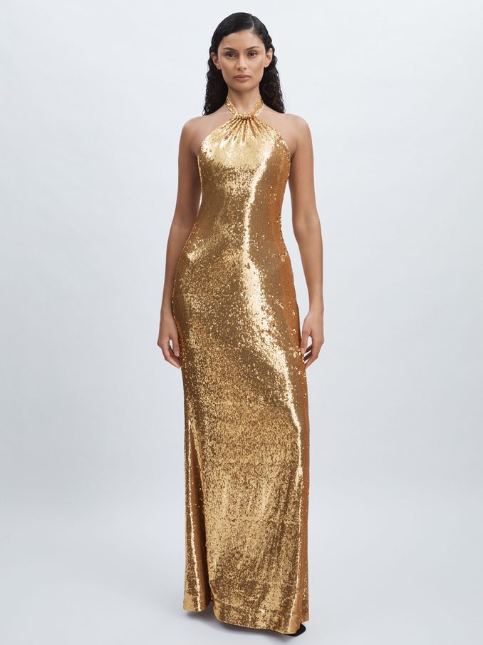 Halston Sequin Halterneck Maxi Dress in Gold (AF7465) | 1,375 SAR