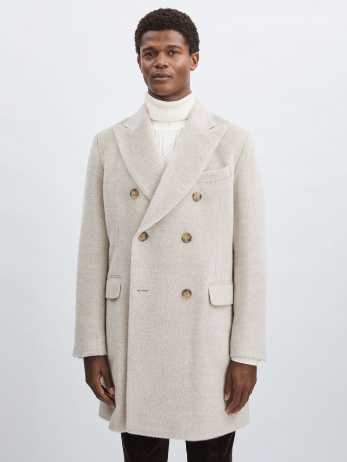 Oscar Jacobson Alpaca-Wool Double-Breasted Coat in Beige Melange (AF7467) | US$1,238