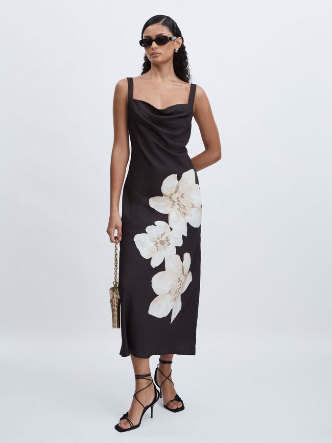 Alia Midi Satin Flower Print Midi Dress in Grey Multi (AF7468) | US$250