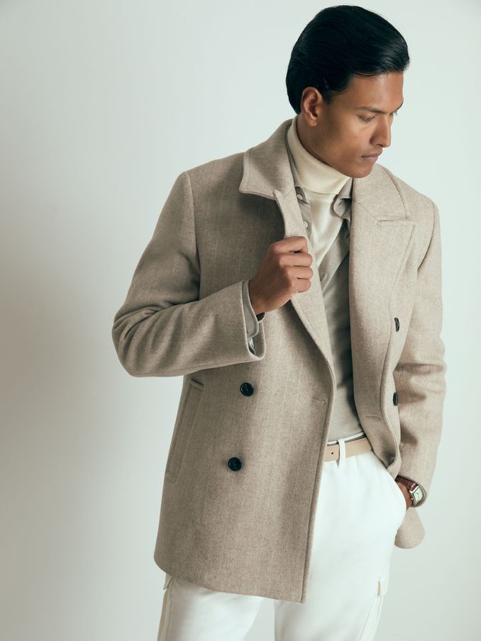 Wool-Blend Pinstripe Pea Coat in Oatmeal (AG1904) | $612