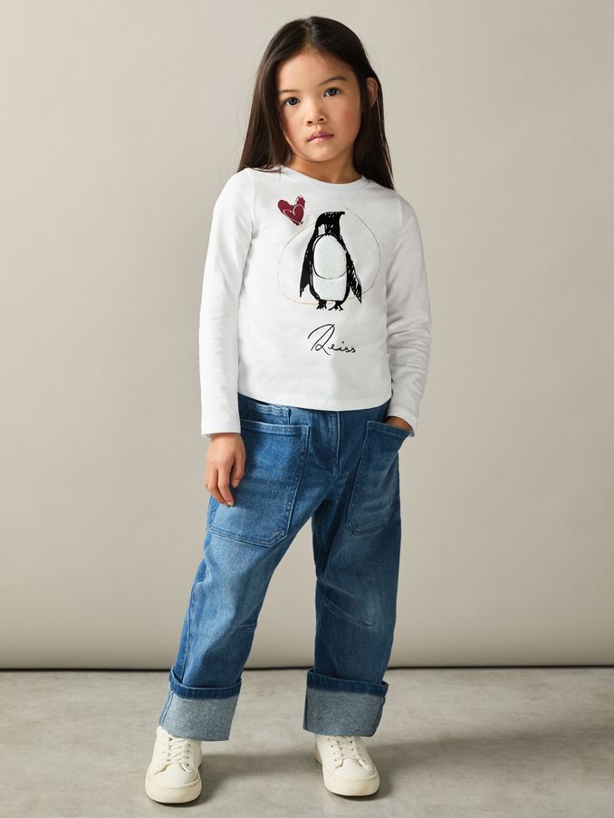 4-9 yrs Cotton Penguin-Print Logo T-Shirt in Ivory (AG2246) | €6