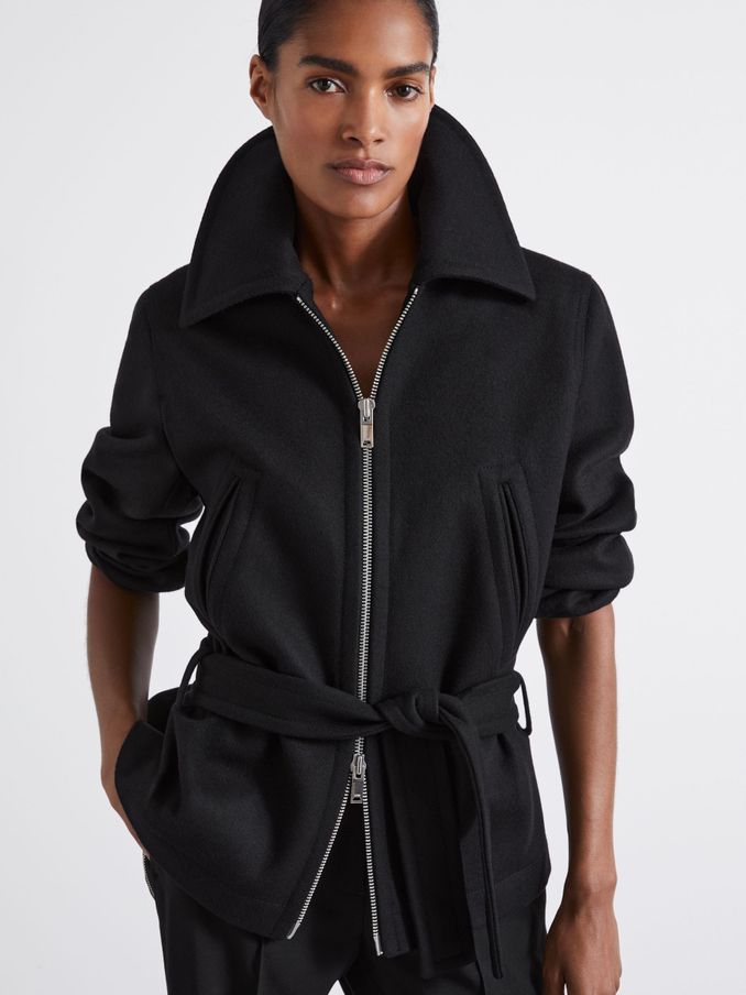 Atelier Virgin Wool-Blend Belted Coat in Black (AG3592) | US$394