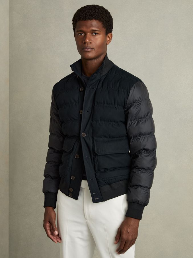 Patch-Pocket Quilted-Alcantara Jacket in Navy (AG5669) | US$277