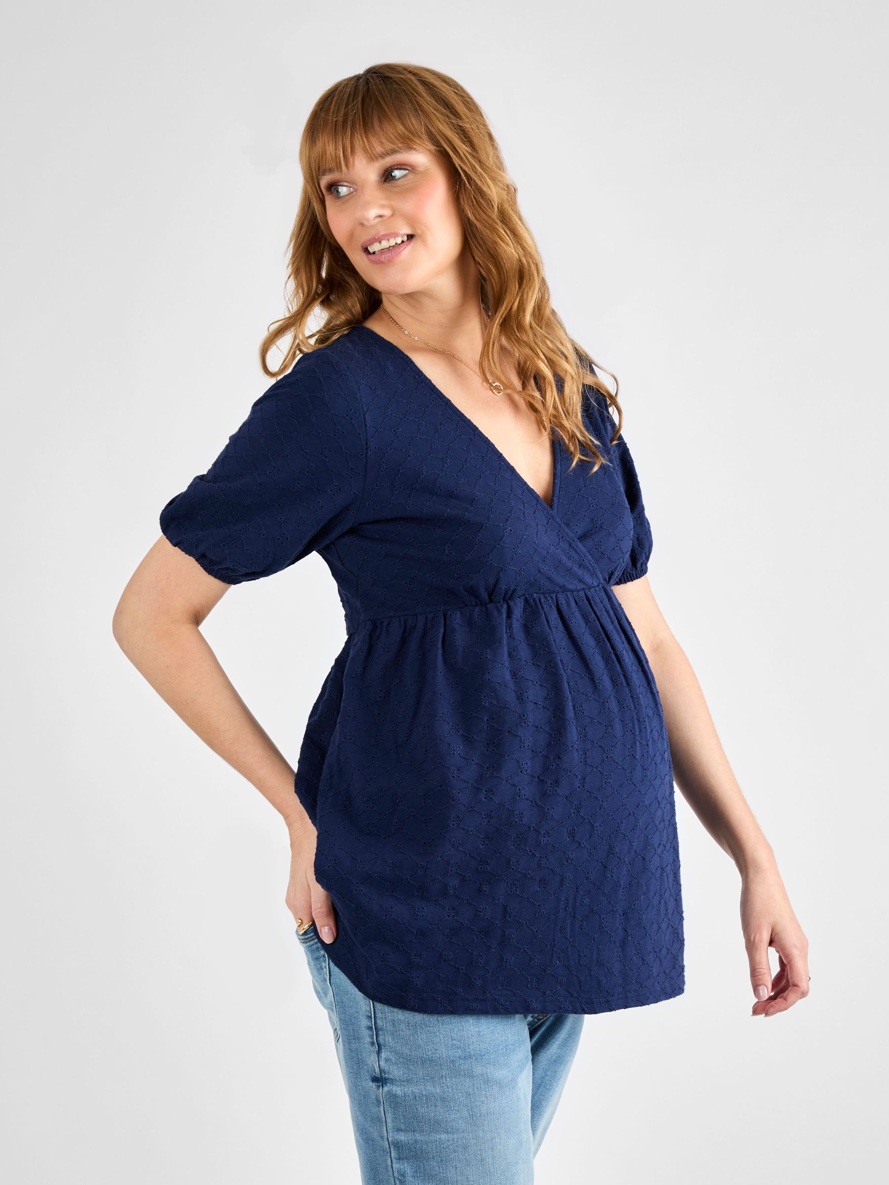 Navy Broderie Maternity Jersey Top (AG8171) | $51