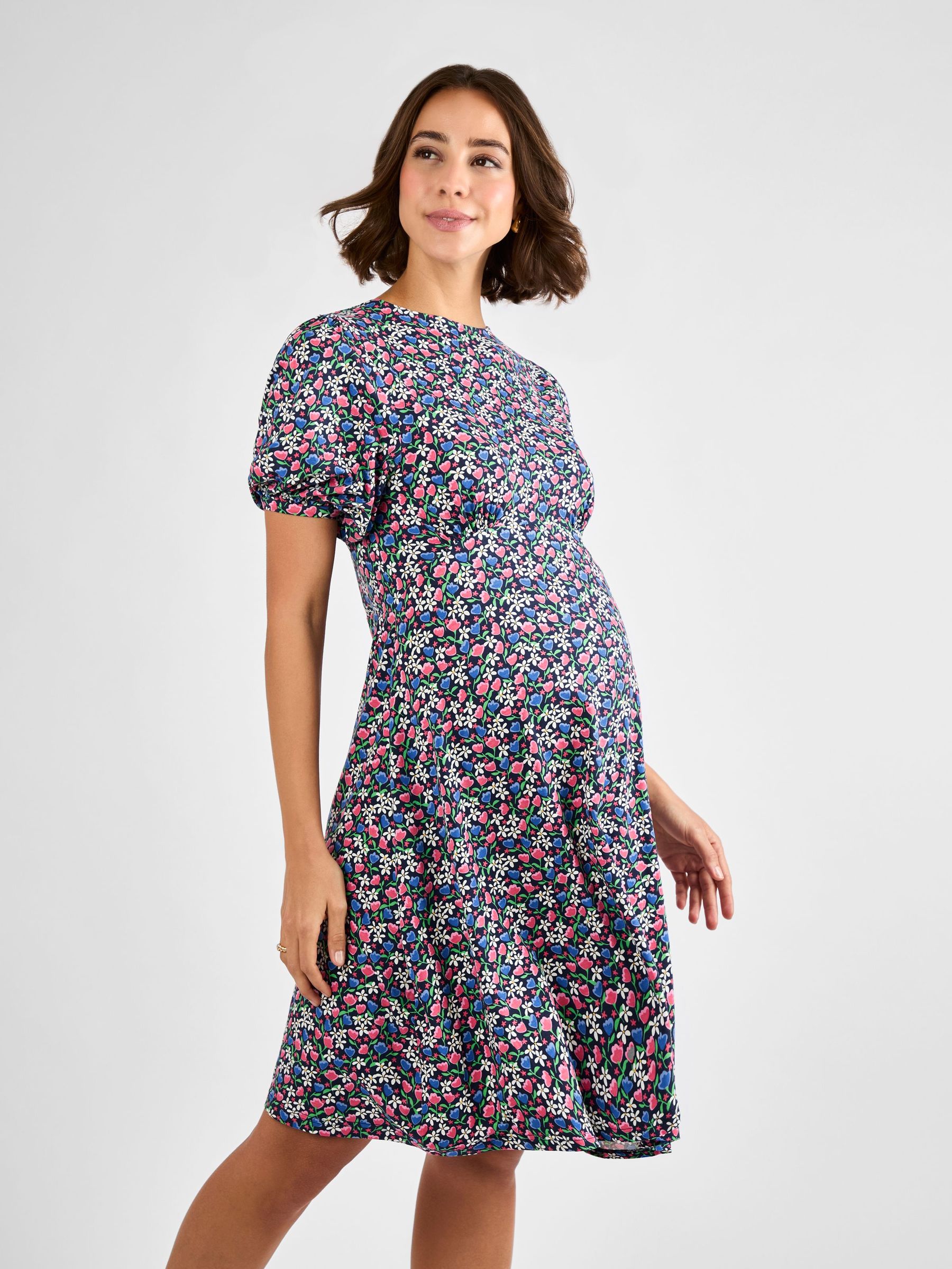 Navy Maternity Floral Print Puff Sleeve Jersey Tea Dress (AG8194) | $73