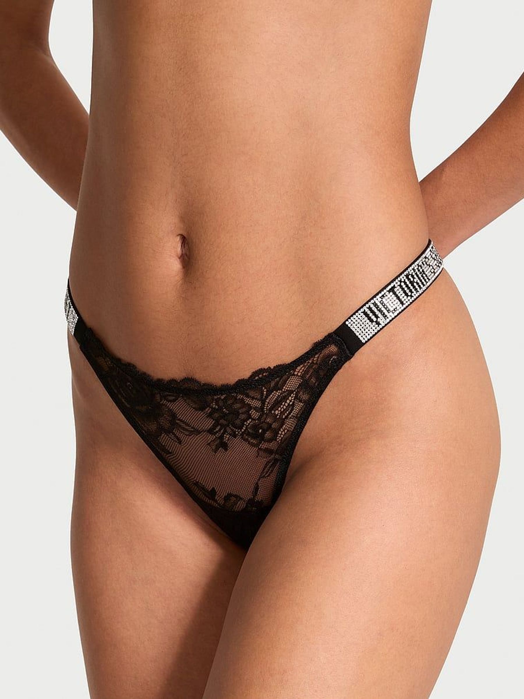 Black Lace Thong Shine Strap Knickers (AG8760) | €22.50