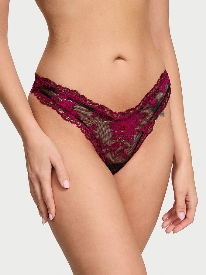 Black & Pink Thong Rose Lace Knickers (AG8910) | €10