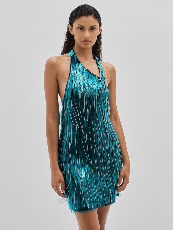 ILTA Sequinned and Beaded Halter-Neck Dress in Turquoise (AG9076) | 1,250 SAR