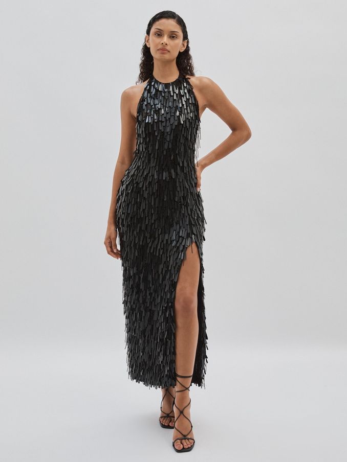 ILTA Sequinned and Beaded Halter-Neck Dress in Black (AG9077) | 2,415 SAR