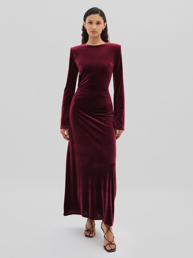 Code Open-Back Velvet Maxi Dress in Burgundy (AG9083) | US$188