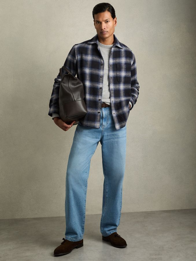 Check Patch-Pocket Overshirt With Wool in Navy Multi (AH6341) | $210