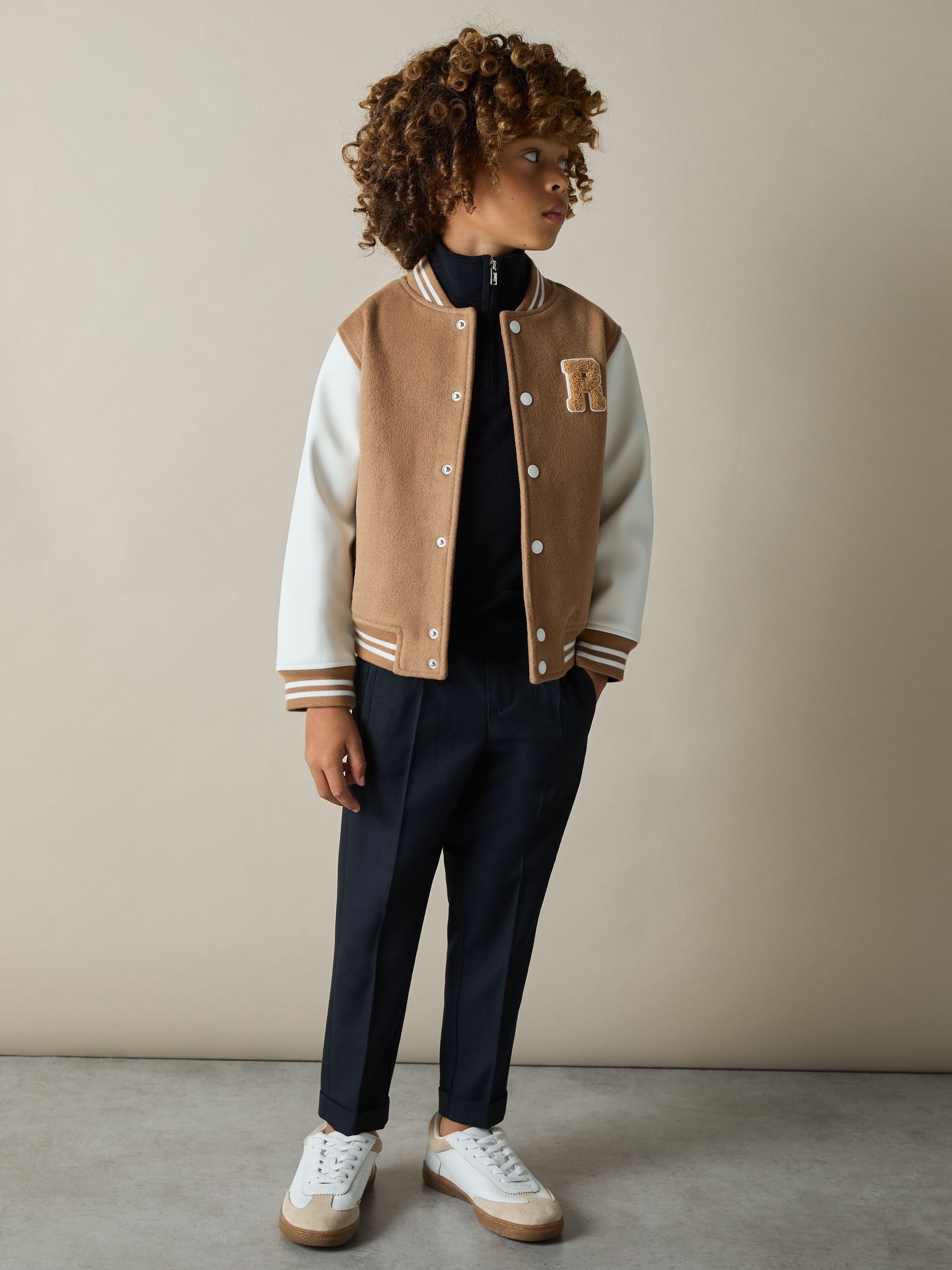 9-13 yrs Wool-Blend Contrast Varsity Jacket in Camel/White (AH6345) | 410 SAR