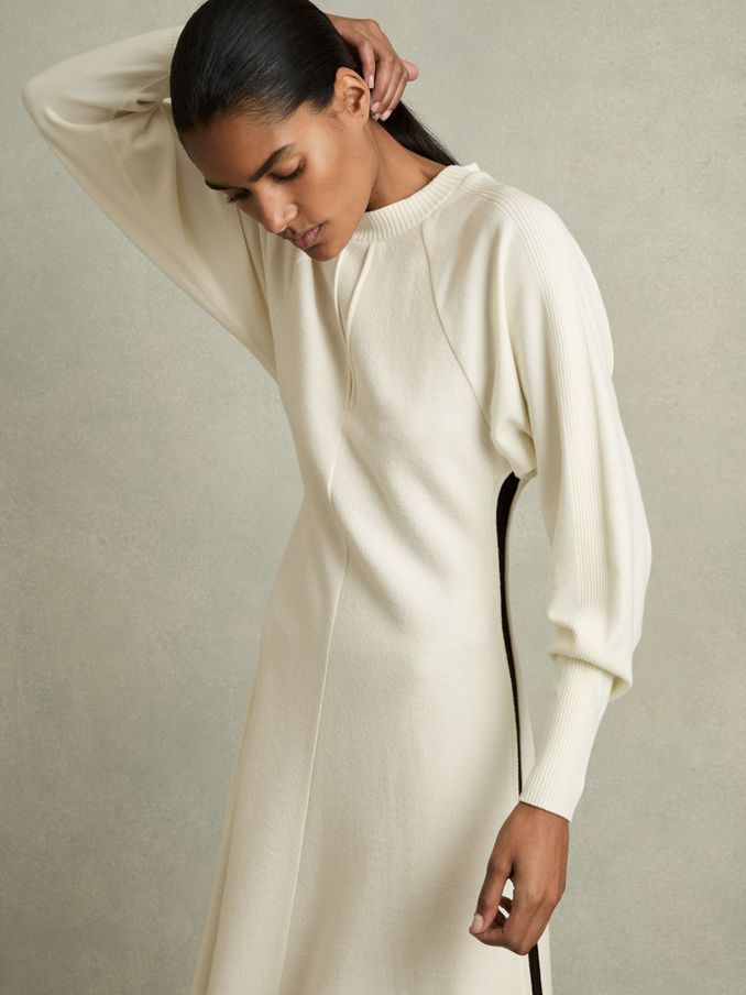 Petite Wool-Blend Hybrid Knitted Midi Dress in Ivory (AH9237) | US$394