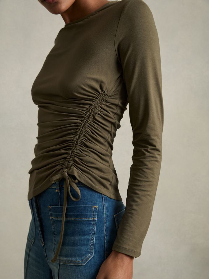Jersey Ruched Top in Khaki (AJ0094) | US$42