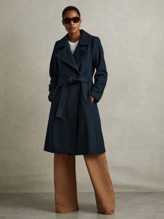 Wool Blend Belted Double Breasted Coat With Cashmere in Teal (AJ1165) | US$410