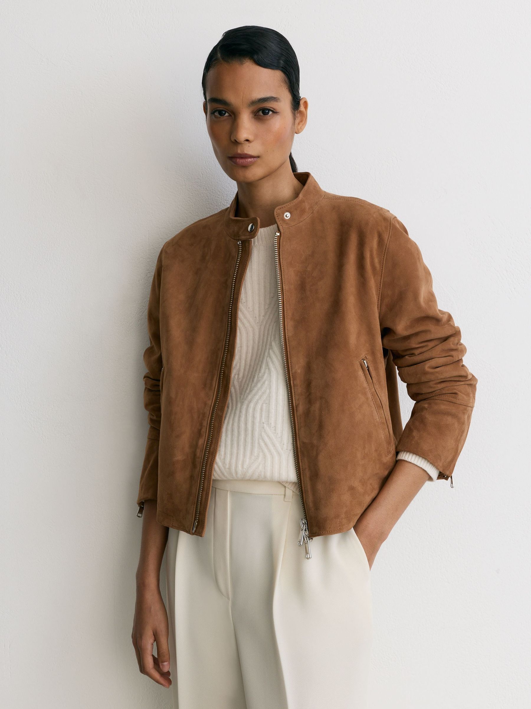 بني فاتح - Suede Stand-collar Jacket