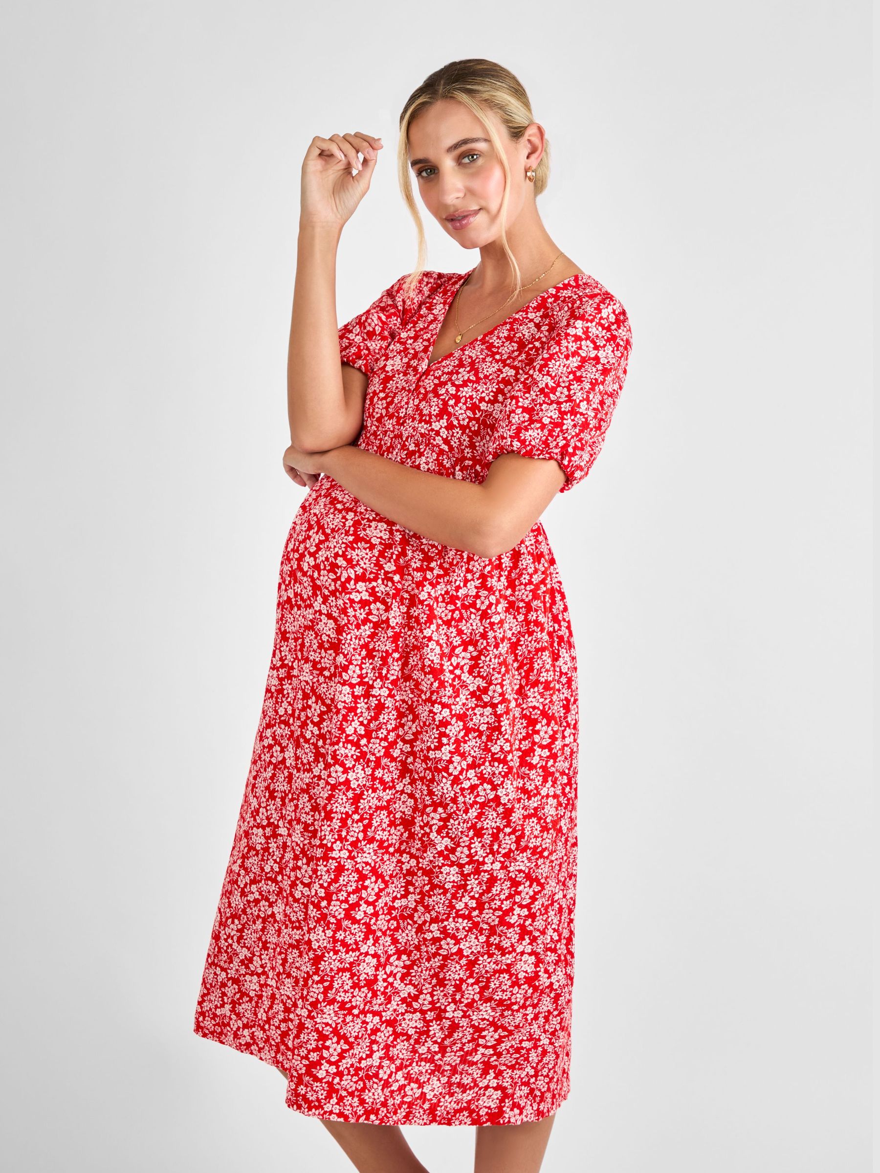 Red Maternity Floral Midi 100% Cotton Dress (AJ4473) | $85