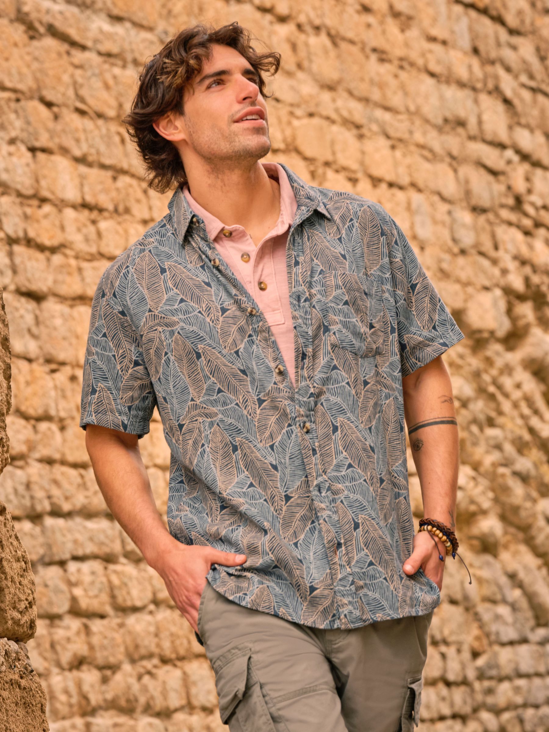 Teal Blue Short Sleeve Leaf Print Shirt (AJ5106) | €58