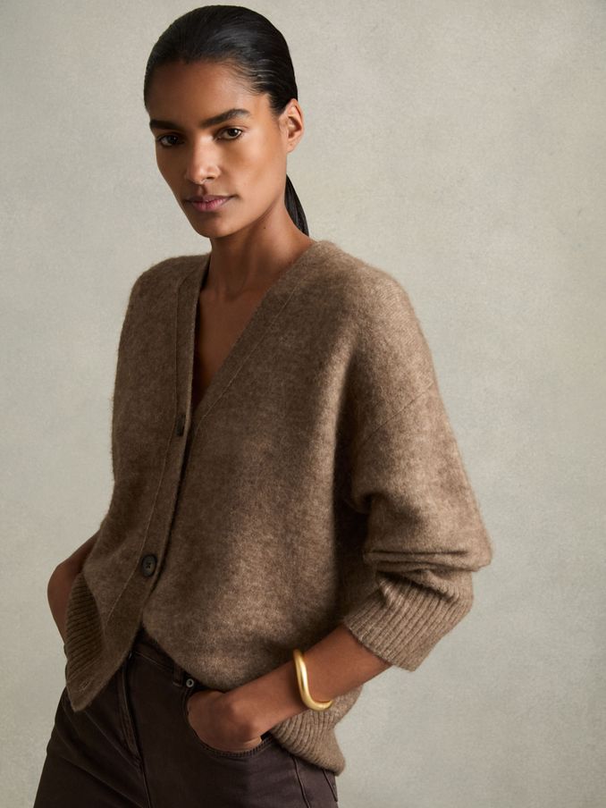 Alpaca Wool-Blend Brushed Cardigan in Mink (AJ5257) | US$200