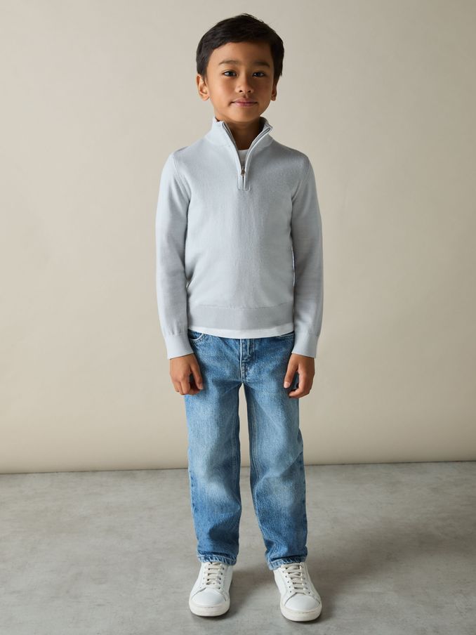 3-9 yrs Merino Wool Half-Zip Funnel Neck Jumper in Iced Blue (AJ9006) | US$55