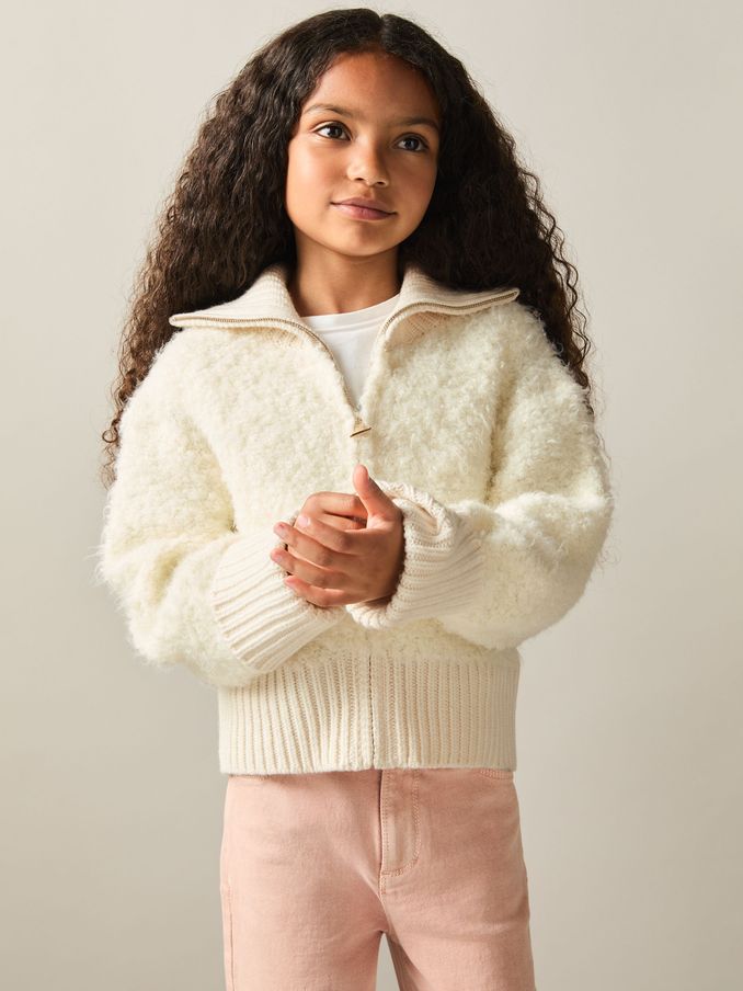 9-13 yrs Fluffy Zip-Through Cardigan With Wool in Cream (AK0893) | US$48