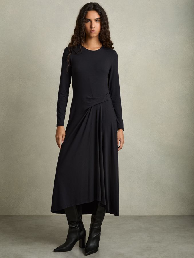 Jersey Draped Midi Dress in Navy (AK0896) | US$110
