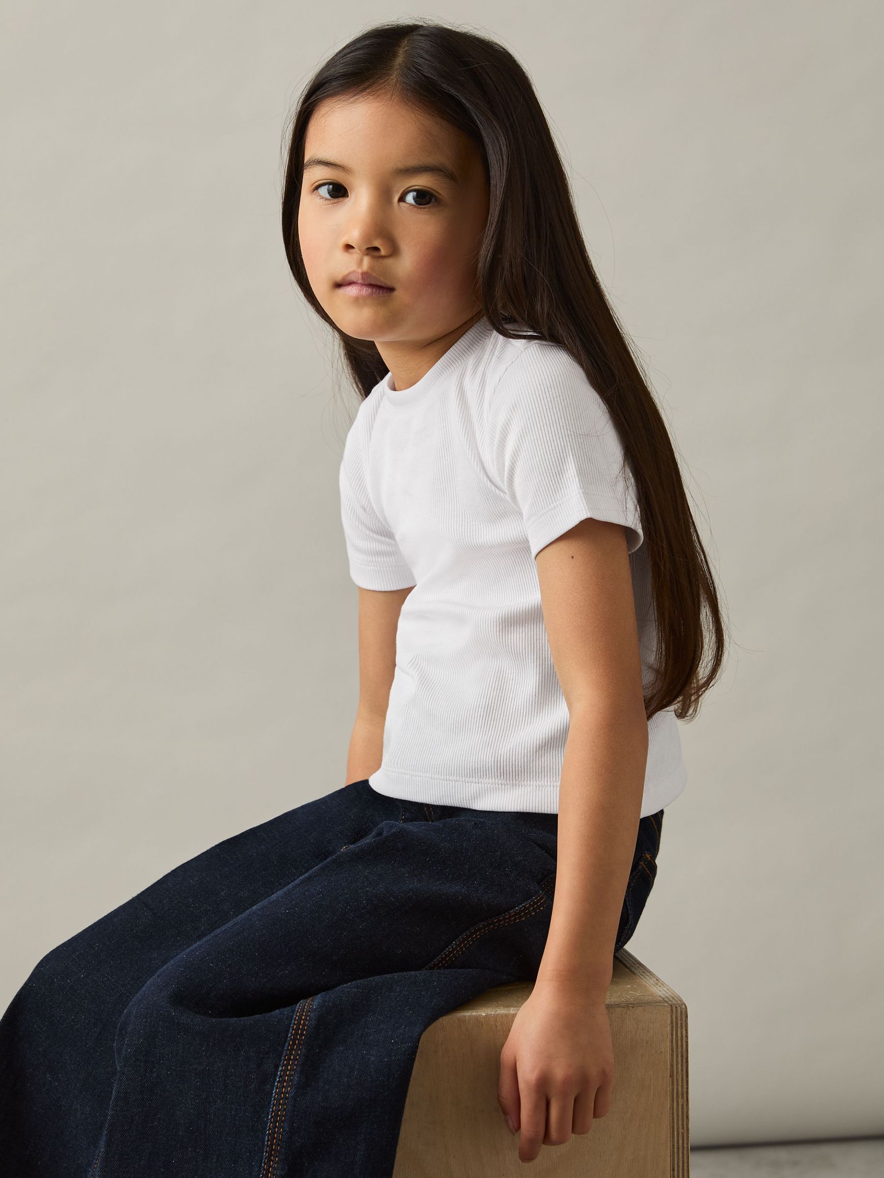 4-9 yrs Cotton-Jersey Ribbed Short-Sleeve T-Shirt in Ivory (AK0904) | US$20