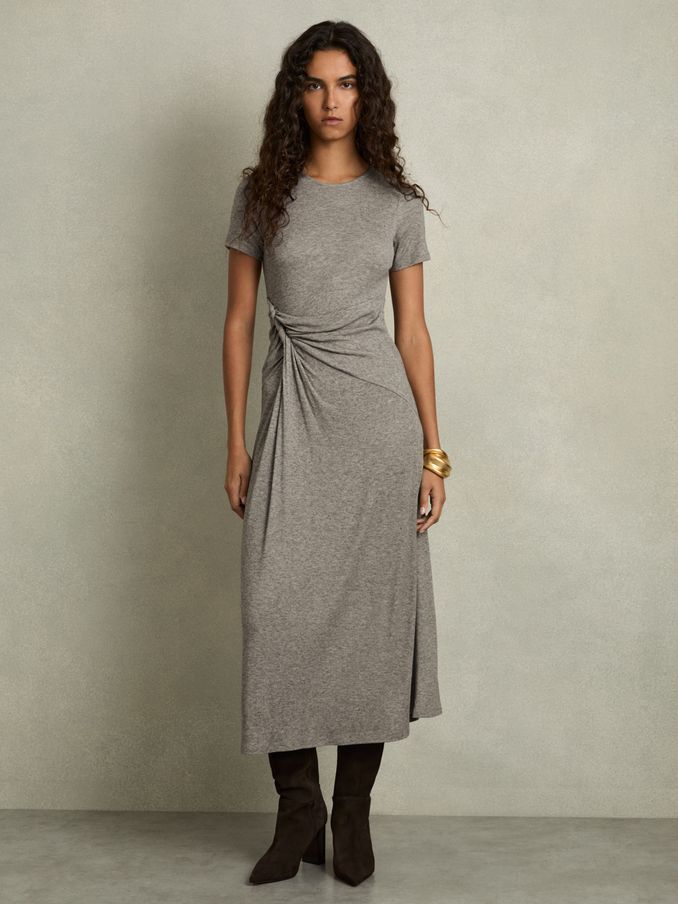 Jersey Twist-Detail Midi Dress in Grey (AK0914) | US$110
