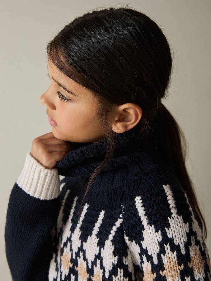 4-9 yrs Wool-Blend Fair Isle Roll-Neck Dress in Navy (AK0922) | US$40
