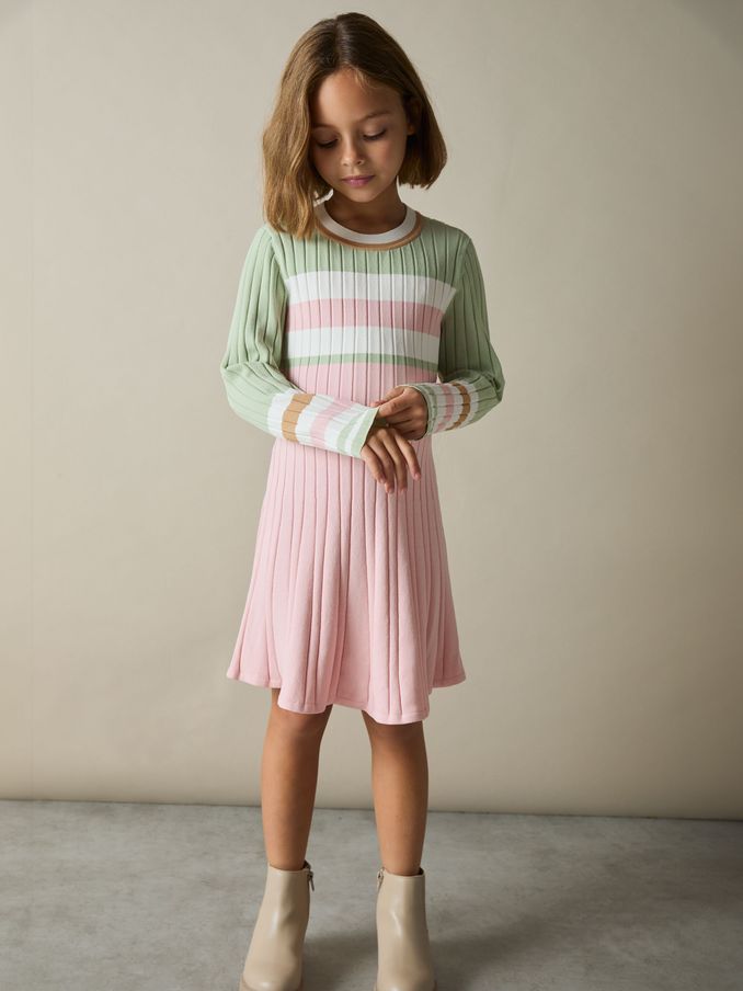 4-9 yrs Colour-Block Rib-Knit Skater Dress in Pink (AK0925) | €58