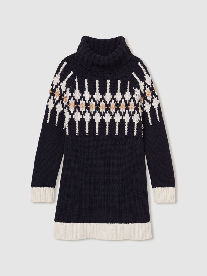 13-14 yrs Wool-Blend Fair Isle Roll-Neck Dress in Navy (AK0928) | US$48