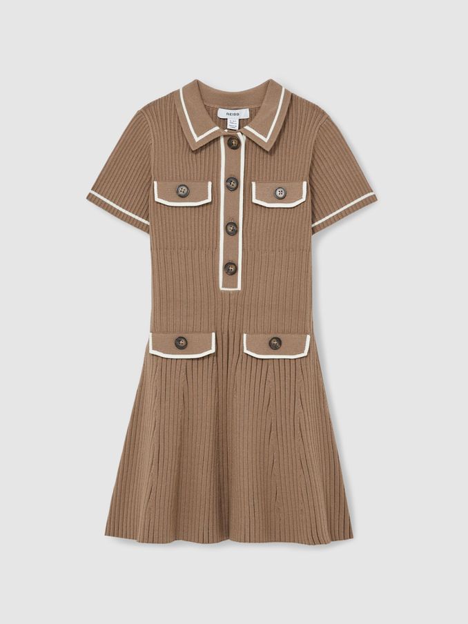 13-14 yrs Rib-Knit Button-Down Dress in Brown (AK0939) | €95