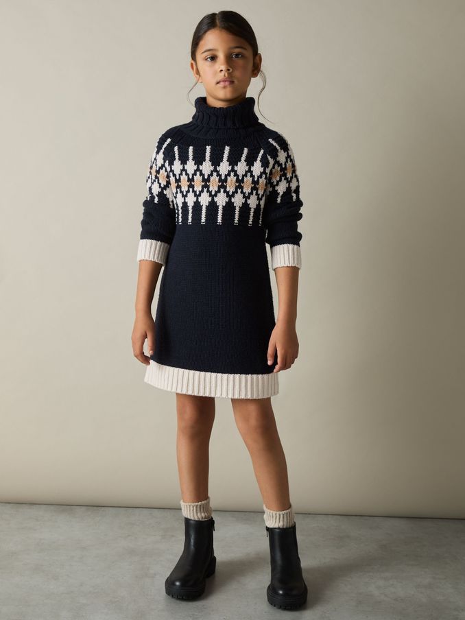 9-13 yrs Wool-Blend Fair Isle Roll-Neck Dress in Navy (AK0947) | HK$389